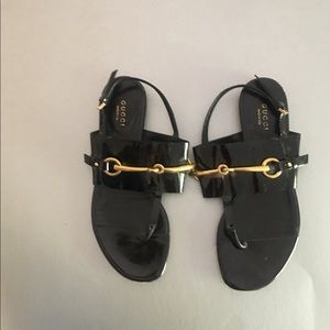 GUCCI BLACK FLAT PATIENT LEATHER SANDAL